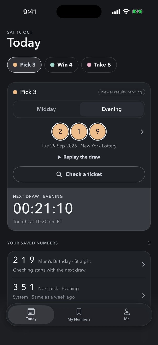 Draws: the latest Pick 3 result, the countdown and your saved numbers